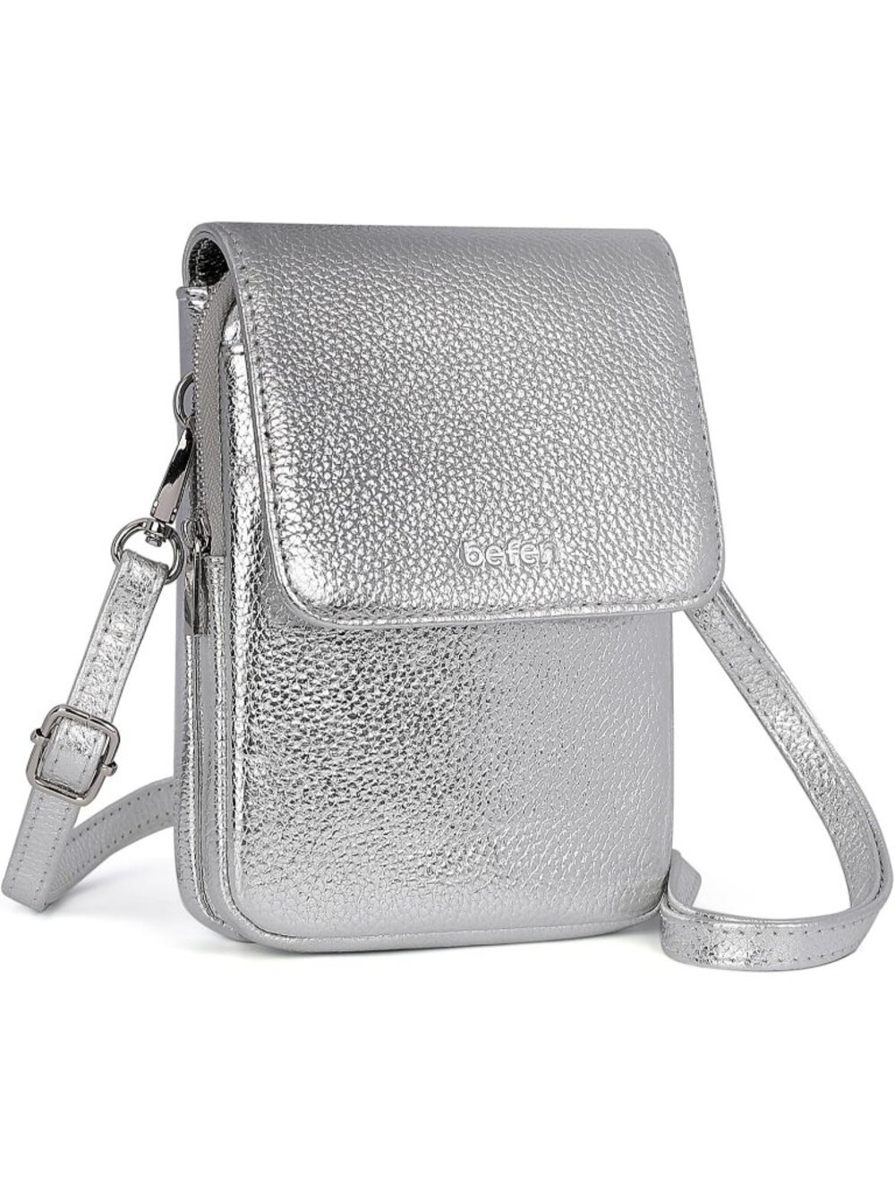 Women's Silver Leather Cell Phone Crossbody Bag with RFID Blocking Card Slots